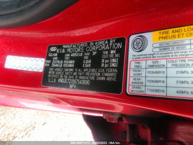 2008 KIA SPORTAGE LX VIN: KNDJE723187543690