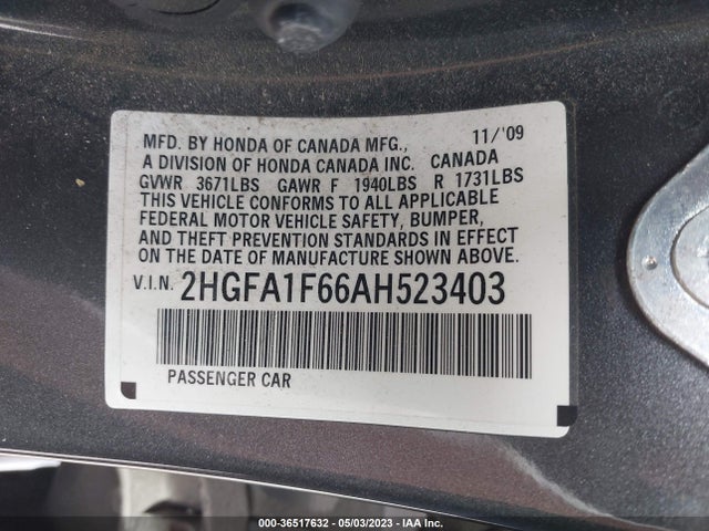 2010 HONDA CIVIC SDN LX-S VIN: 2HGFA1F66AH523403