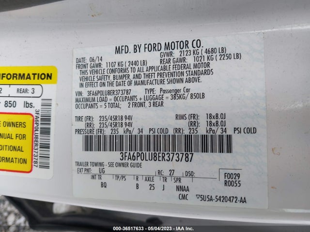 2014 FORD FUSION SE HYBRID VIN: 3FA6P0LU8ER373787