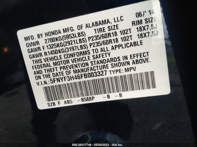 Honda Pilot Ex 2015 5FNYF3H46FB003327 Image 9