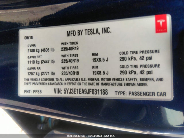 Tesla Model 3 Range Battery 2018 5YJ3E1EA9JF031188 Image 10