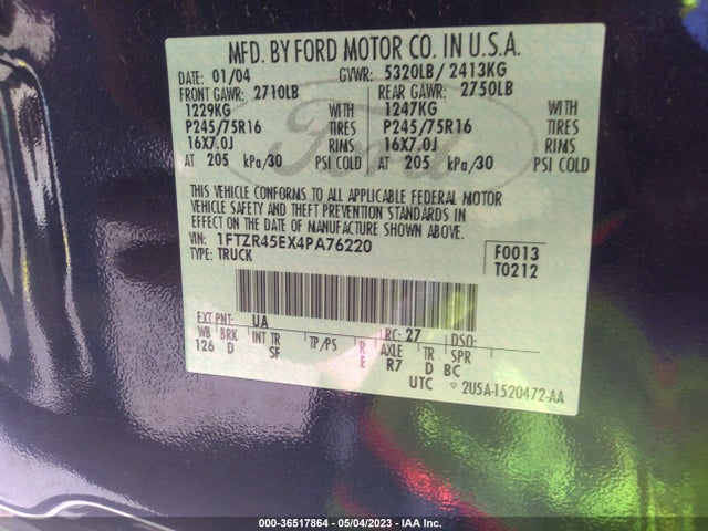 2004 FORD RANGER XLT VIN: 1FTZR45EX4PA76220
