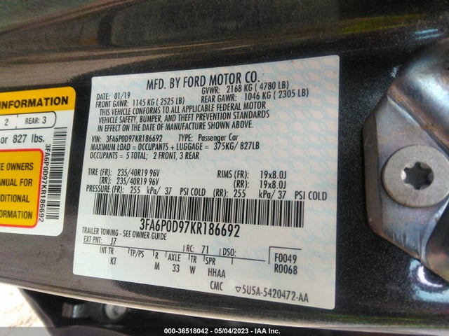 Ford Fusion Titanium 2019 3FA6P0D97KR186692 Image 9