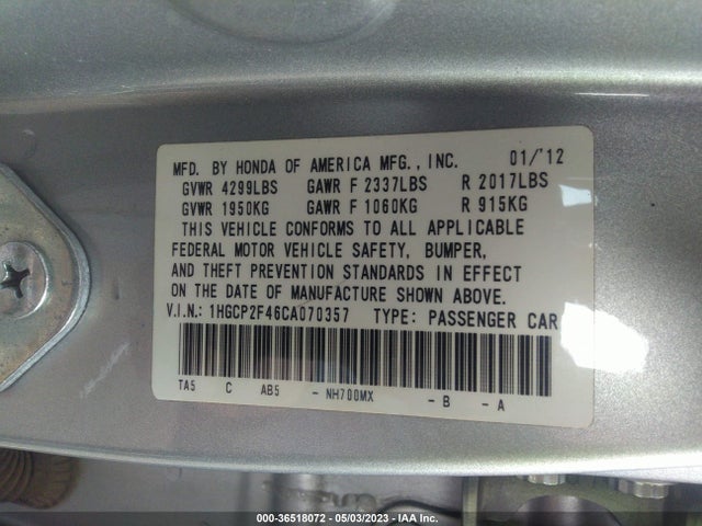 2012 HONDA ACCORD SDN LX PREMIUM VIN: 1HGCP2F46CA070357