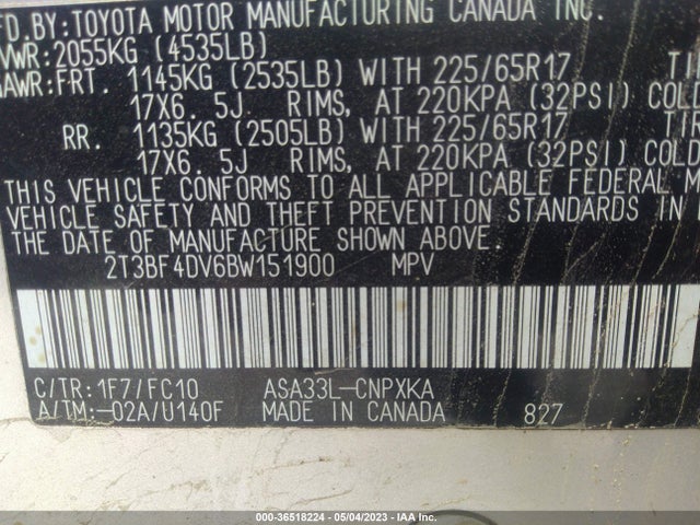 2011 TOYOTA RAV4 VIN: 2T3BF4DV6BW151900