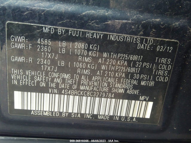 2012 SUBARU OUTBACK 2.5I LIMITED VIN: 4S4BRCKC8C3279784