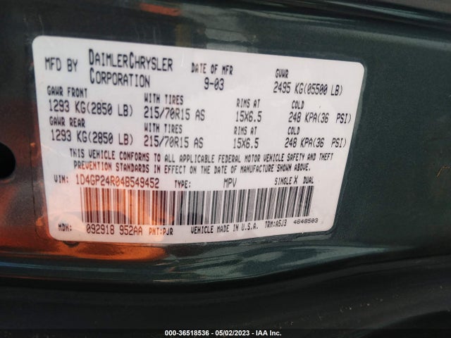 2004 DODGE GRAND CARAVAN SE VIN: 1D4GP24R04B549452
