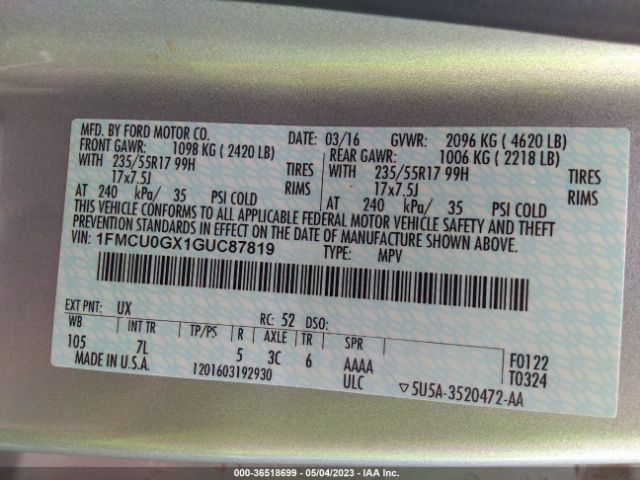 1FMCU0GX1GUC87819 Ford ESCAPE SE