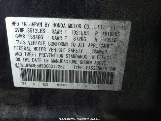 2012 HONDA FIT SPORT VIN: JHMGE8H50CC012262