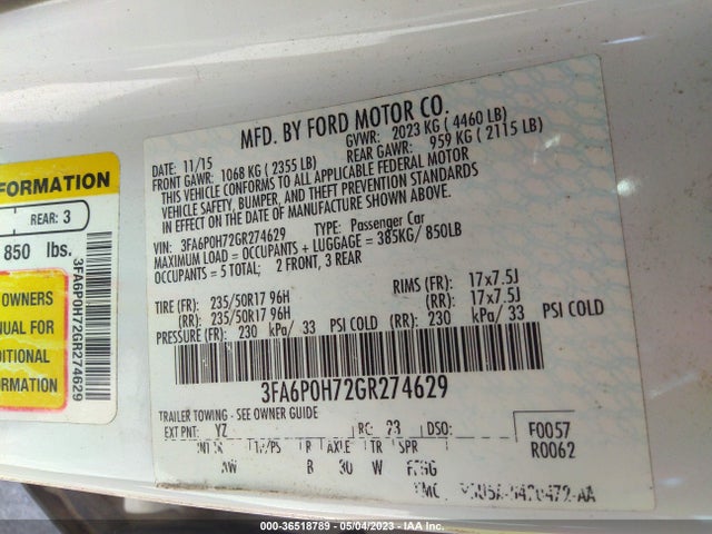 Ford FUSION SE 2016 3FA6P0H72GR274629 Image 10