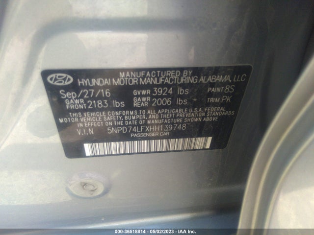 2017 HYUNDAI ELANTRA SE VIN: 5NPD74LFXHH139748