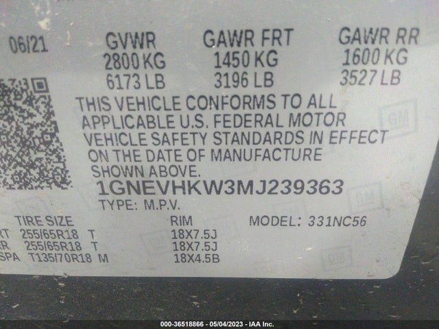 Chevrolet Traverse Lt Leather 2021 1GNEVHKW3MJ239363 Image 10