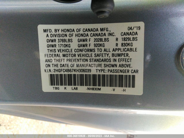 Honda Civic Coupe Lx 2019 2HGFC4B67KH306039 Image 11