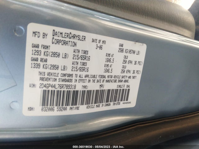 2006 DODGE GRAND CARAVAN SXT VIN: 2D4GP44L76R789318
