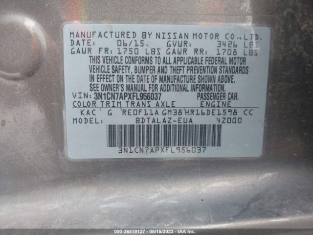 3N1CN7APXFL956037 Nissan Versa S Plus