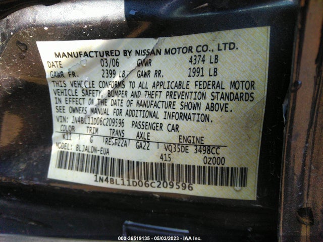 2006 NISSAN ALTIMA 3.5 SL VIN: 1N4BL11D06C209596