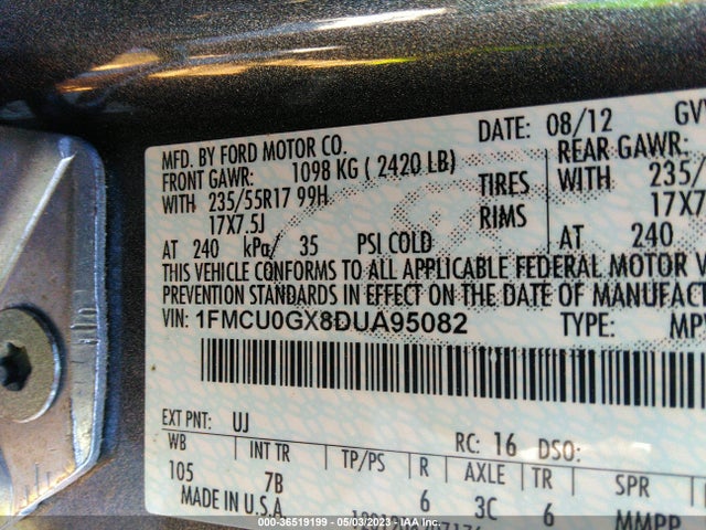 2013 FORD ESCAPE SE VIN: 1FMCU0GX8DUA95082