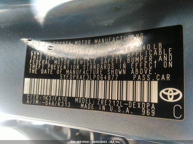 Toyota COROLLA L 2020 5YFDPRAE3LP064877 Image 10