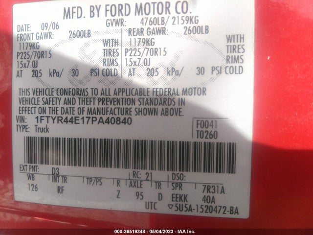 36519348 :رقم المزاد ، 1FTYR44E17PA40840 vin ، 2007 Ford Ranger Xlt/stx/sport مزاد بيع