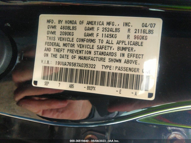 2007 ACURA TL TYPE S VIN: 19UUA76587A035322