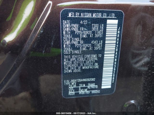 JN8AY2BA4N9392082 Nissan Armada Sl