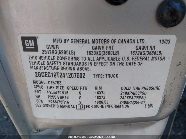 2004 CHEVROLET SILVERADO 1500 LS VIN: 2GCEC19T241207502