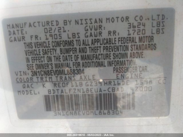 3N1CN8EV0ML868304 Nissan VERSA SV