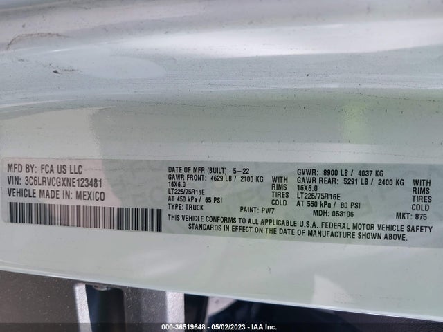 2022 RAM PROMASTER CARGO VAN VIN: 3C6LRVCGXNE123481