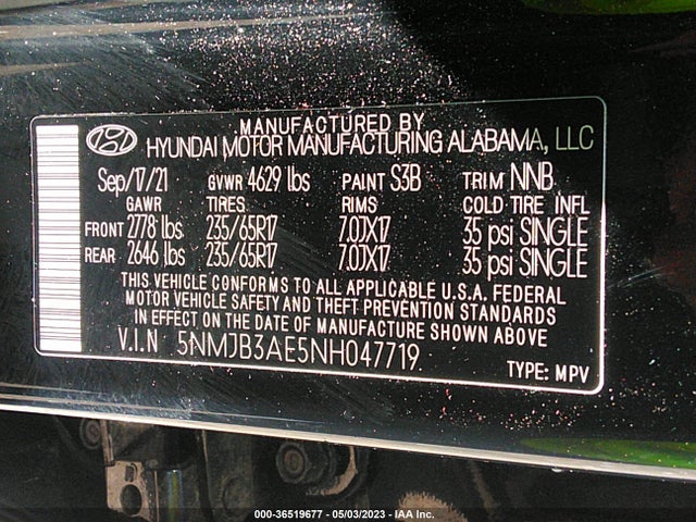2022 HYUNDAI TUCSON SEL VIN: 5NMJB3AE5NH047719