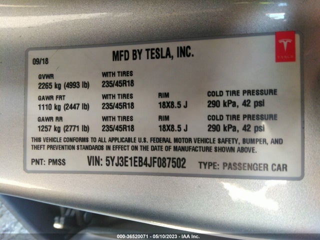 Tesla Model 3 Long Range 2018 5YJ3E1EB4JF087502 Image 9