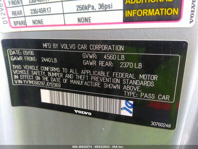 2007 VOLVO C70 VIN: YV1MC68297J012969