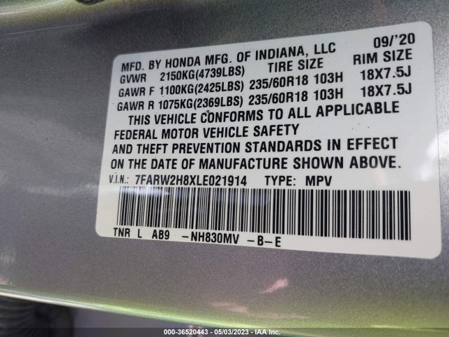 Honda Cr-v Ex-l 2020 7FARW2H8XLE021914 Image 9