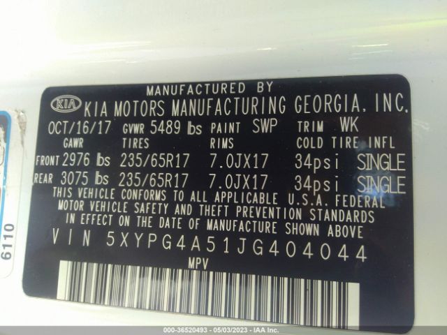 5XYPG4A51JG404044 KIA Sorento Lx V6
