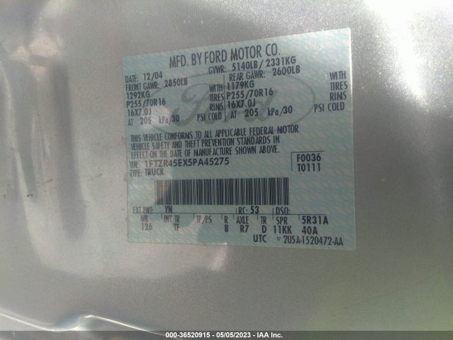 2005 FORD RANGER XLT/EDGE/FX4 OFF-RD VIN: 1FTZR45EX5PA45275