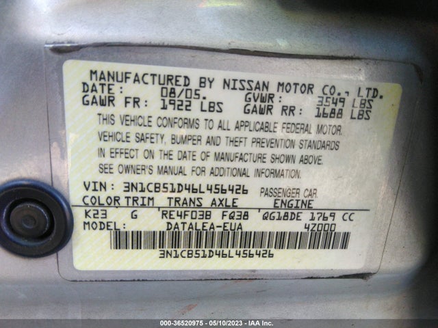 2006 NISSAN SENTRA 1.8 S VIN: 3N1CB51D46L456426