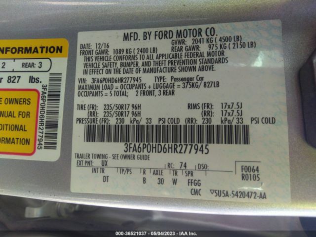 Ford FUSION SE 2017 3FA6P0HD6HR277945 Image 9