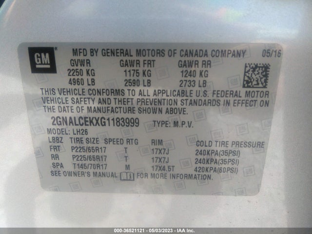 2016 CHEVROLET EQUINOX LT VIN: 2GNALCEKXG1183999