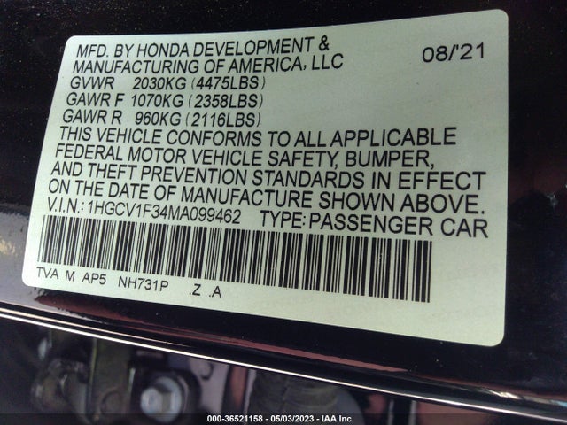 2021 HONDA ACCORD VIN: 1HGCV1F34MA099462