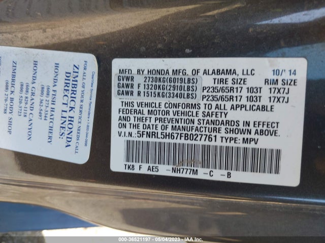 Honda Odyssey Ex-l 2015 5FNRL5H67FB027761 Image 9