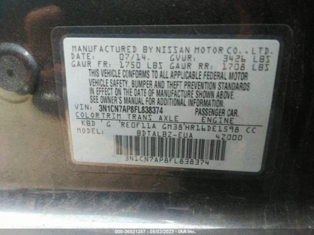 3N1CN7AP8FL838374 Nissan Versa S/s Plus/sl/sv