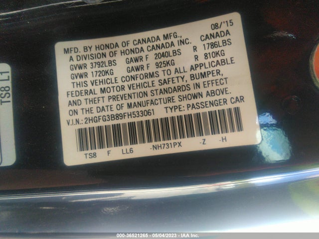 Honda Civic Coupe Ex 2015 2HGFG3B89FH533061 Image 9