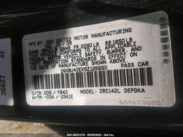 2009 TOYOTA COROLLA VIN: 1NXBU40EX9Z126660