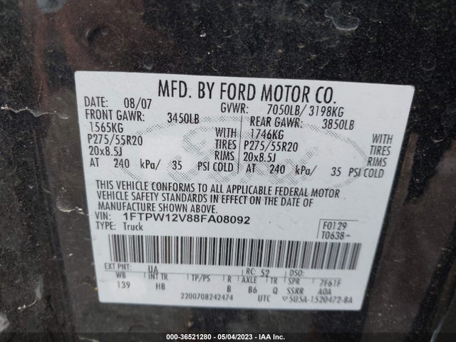 2008 FORD F-150 XLT/FX2/LARIAT VIN: 1FTPW12V88FA08092