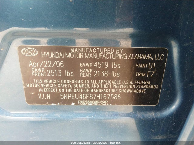 2007 HYUNDAI SONATA SE/LIMITED VIN: 5NPEU46F87H167586