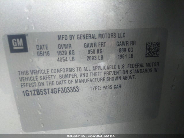 2016 CHEVROLET MALIBU LS VIN: 1G1ZB5ST4GF303353
