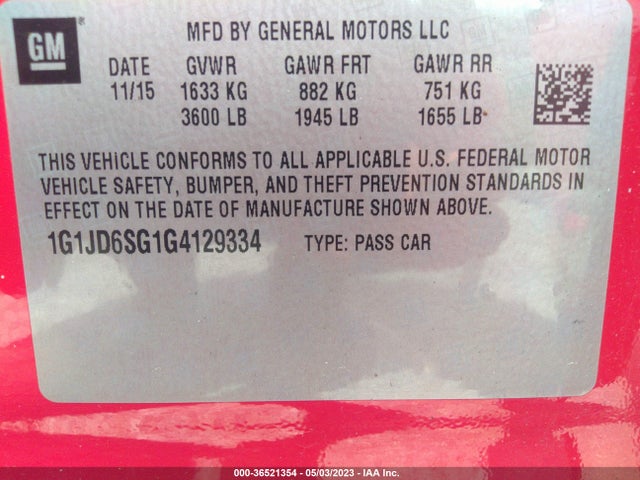 Chevrolet SONIC LT 2016 1G1JD6SG1G4129334 Image 11