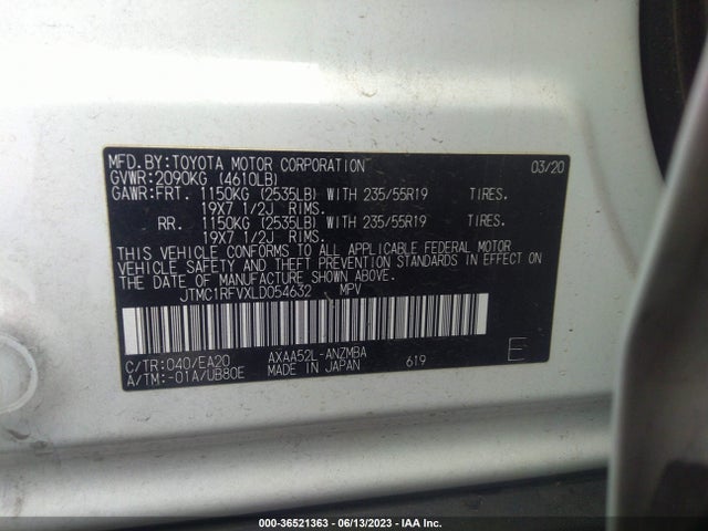 2020 TOYOTA RAV4 XLE PREMIUM VIN: JTMC1RFVXLD054632