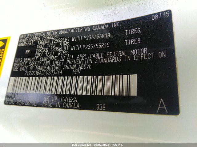 2T2ZK1BA5FC203344 Lexus RX 350