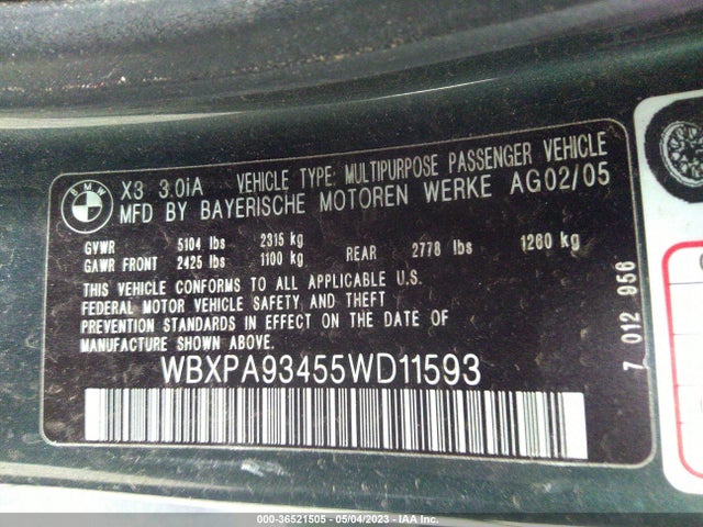 2005 BMW X3 3.0I VIN: WBXPA93455WD11593