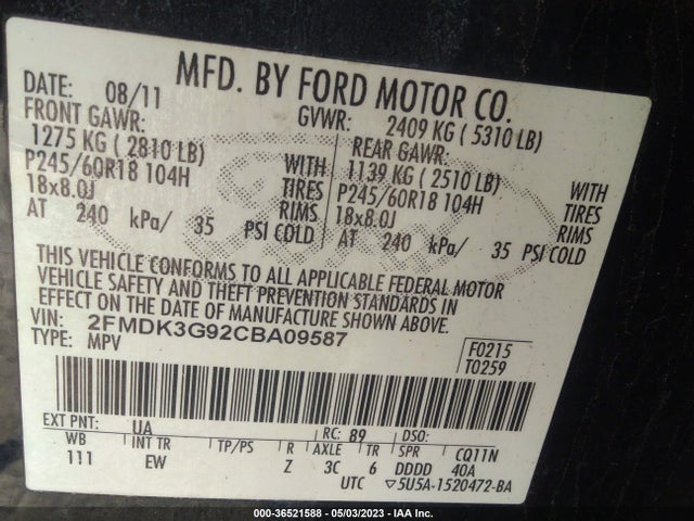 2012 FORD EDGE SE VIN: 2FMDK3G92CBA09587